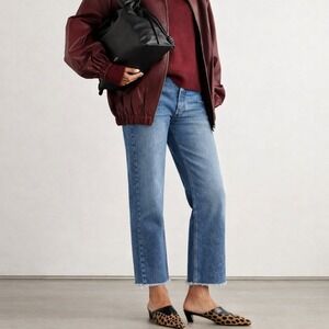 Anine Bing High Rise Flare Jeans Light Wash Blue Raw Hem‎ Size 24 Button Fly